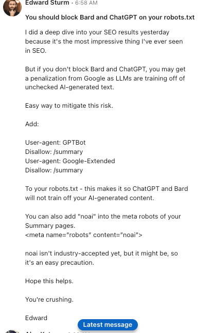 Put directives in your robots.txt that tell ChatGPT and Bard not to train off of your AI generated content - this will allow you to do SEO with AI generated text