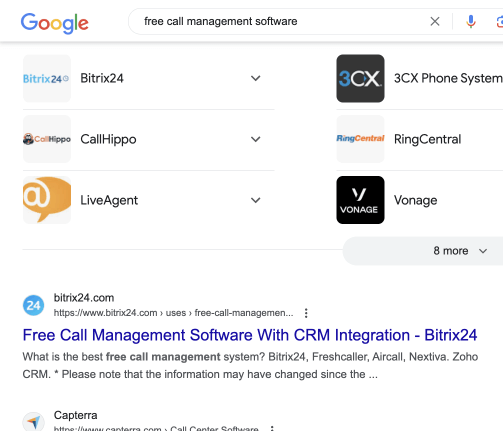 Searching free call management software on Google. The Compact Keywords page shows up #1.