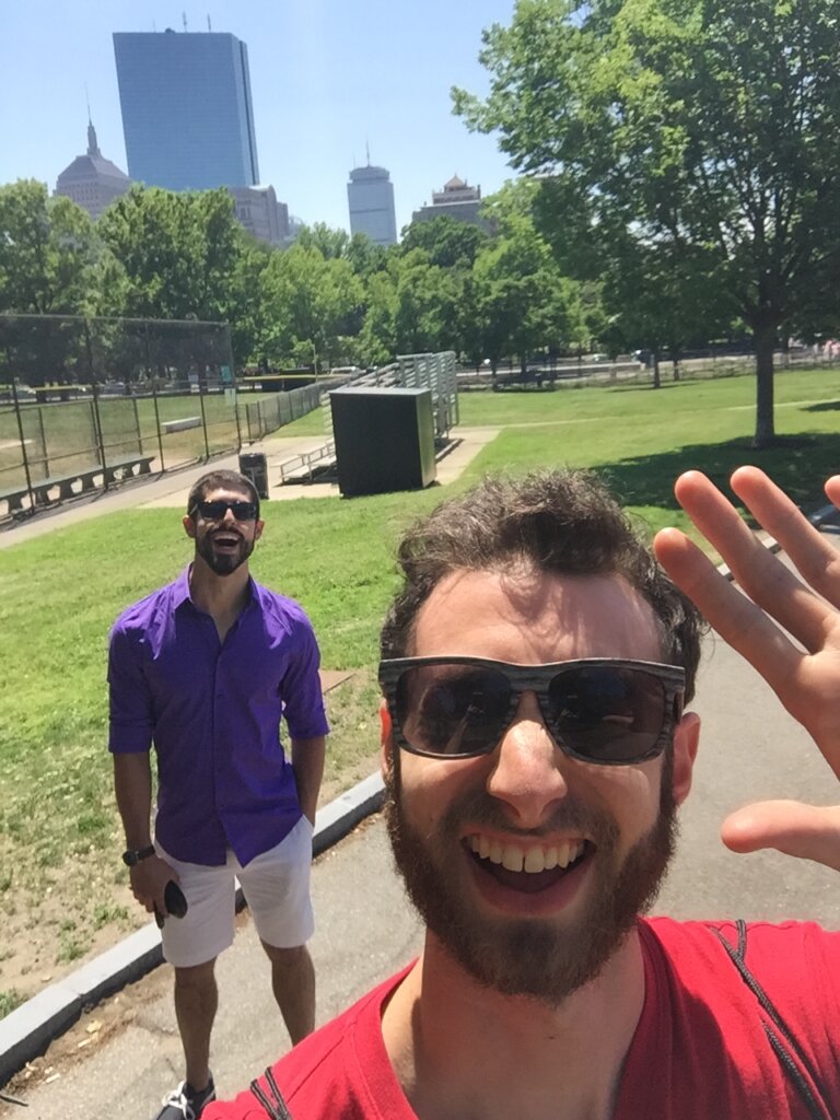 Edward Sturm and Michael Sorace, both happy, in Boston Common in Summer 2015.