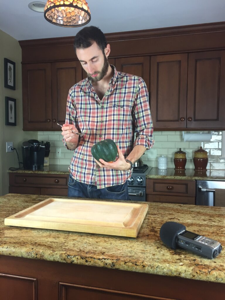 Edward Sturm cutting a squash on the set of 'Cut Dat' in Glen Rock, New Jersey in 2015.