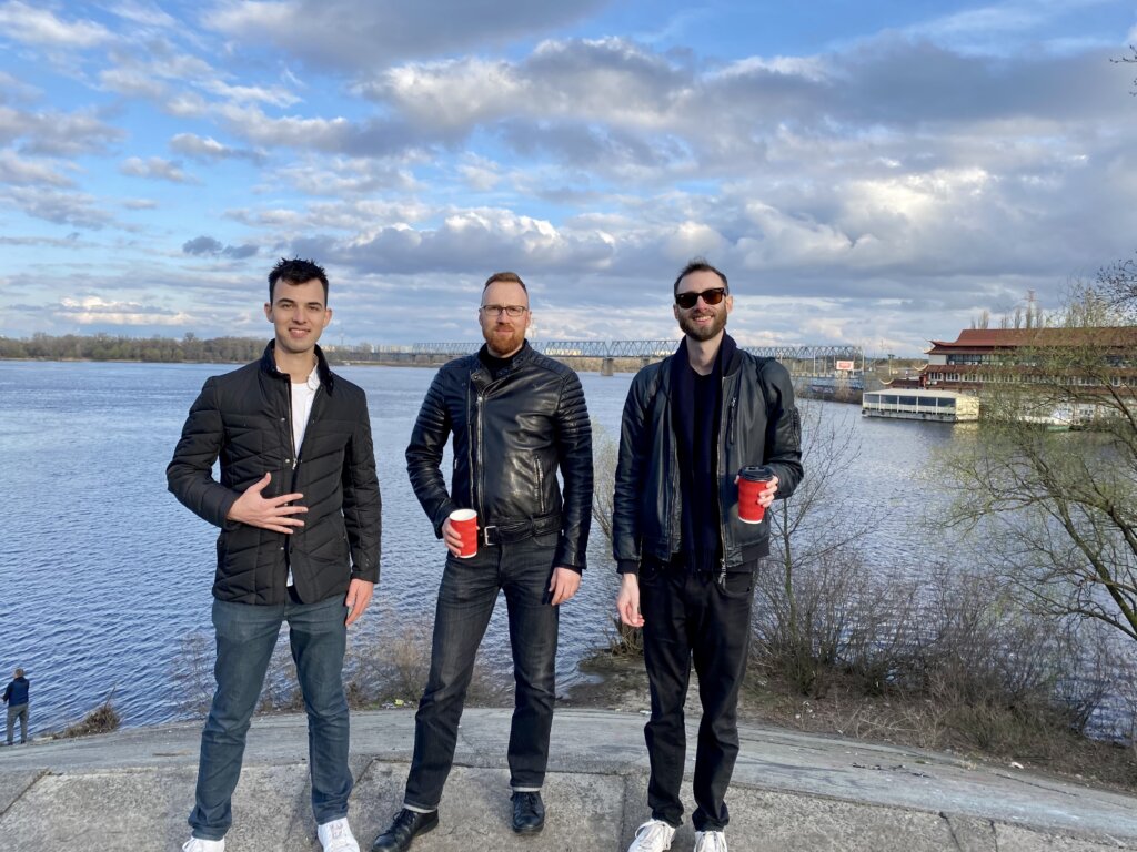 Edward Sturm with Gerhard Pappert and Eric Button at the Dnieper River during late Winter in Kyiv, Ukraine. Photo taken in 2021.