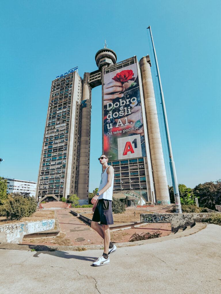 Edward Sturm in a white tank top at the Belgrade Western Gate in Belgrade, Serbia in 2021.