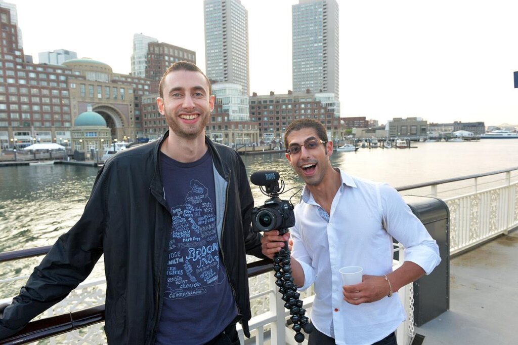 Edward Sturm vlogging with Michael Sorace on a boat in Boston in 2016.