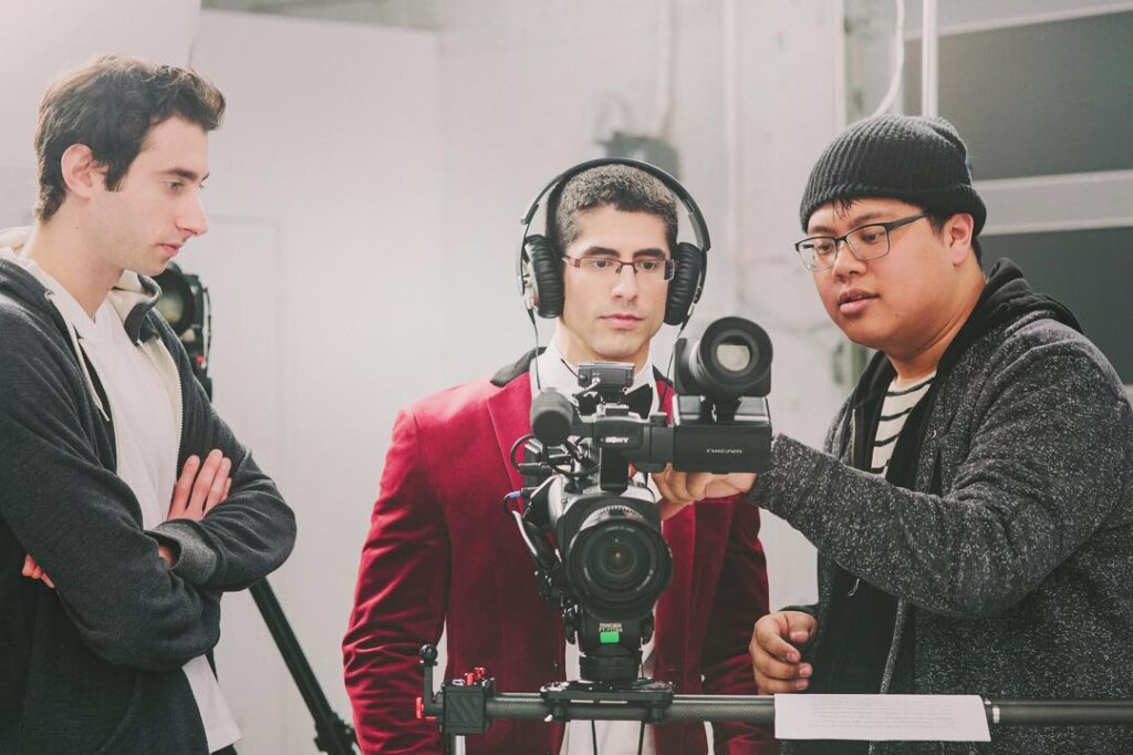 Edward Sturm, Michael Sorace, and A R I Z O N A member, David Labuguen, filming "Millennial High Art" in New Jersey, 2014.