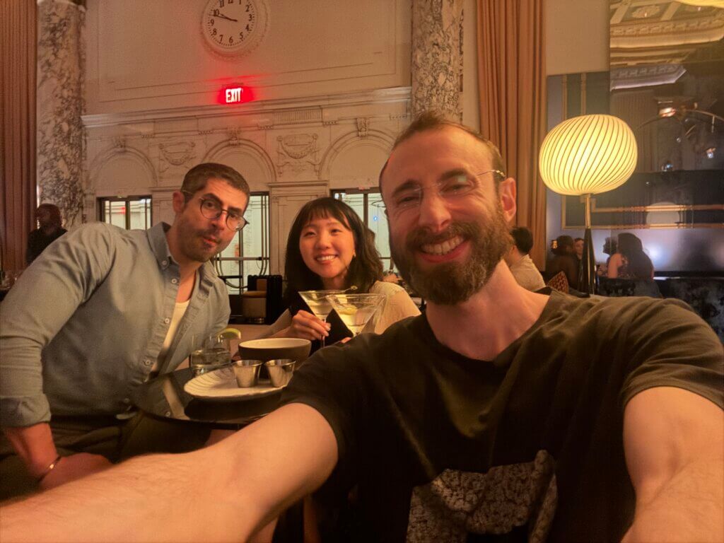 Edward Sturm with close friend and Head of Video at the New York Post, Michael Sorace, and his wife, Elsa Sorace, enjoying cocktails at the W New York - Union Square in 2026.