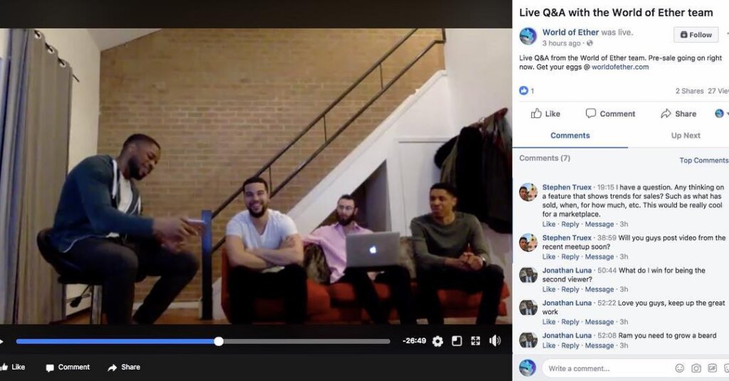 Edward Sturm during a Facebook Live with his cofounders on the World of Ether team - Alain Goldman, Bryan Okeke, and Ram Berrouet in NYC in 2018.