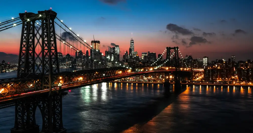 The New York City skyline during sunset.