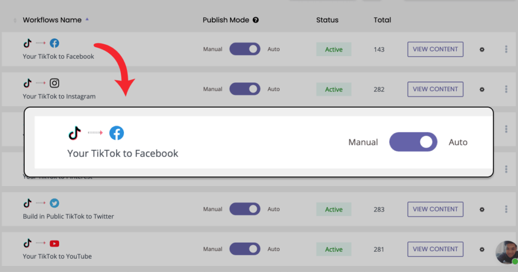 Automatically publish TikTok videos to Facebook Reels without the watermark.