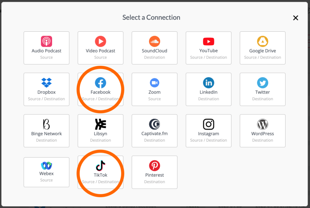 Select your connections: TikTok and Facebook.