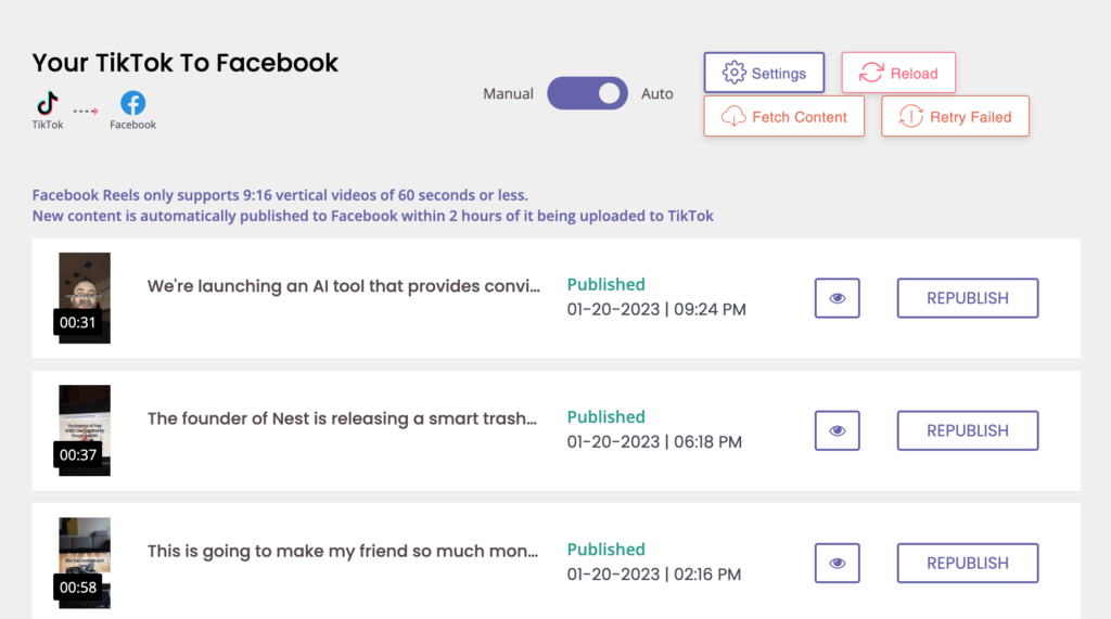 A workflow for TikTok videos being released as Facebook Reels.