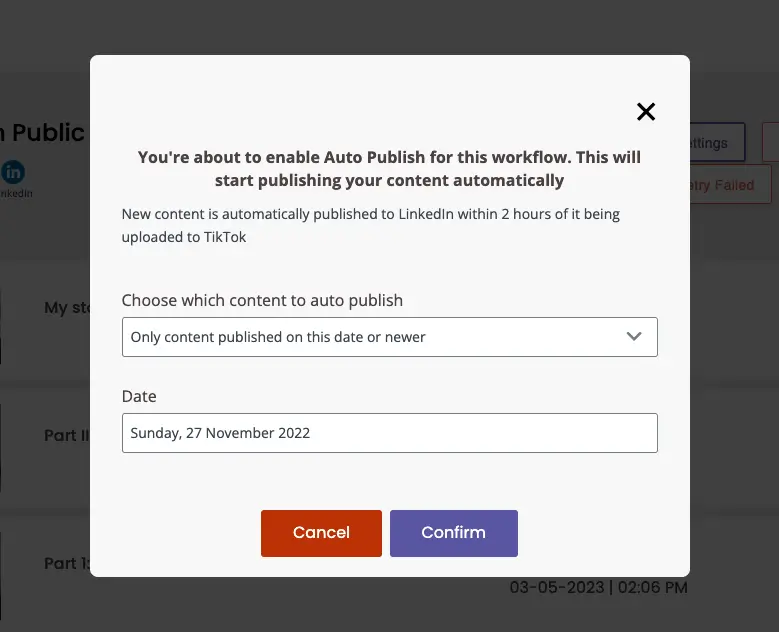 Your workflow by default auto publishes your videos to LinkedIn starting on the current date.