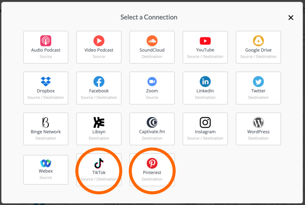 Select your connections: TikTok and Pinterest.