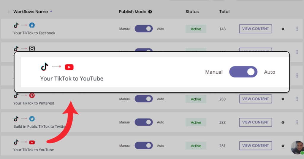 Automatically publish TikTok videos to YouTube Shorts without the watermark.